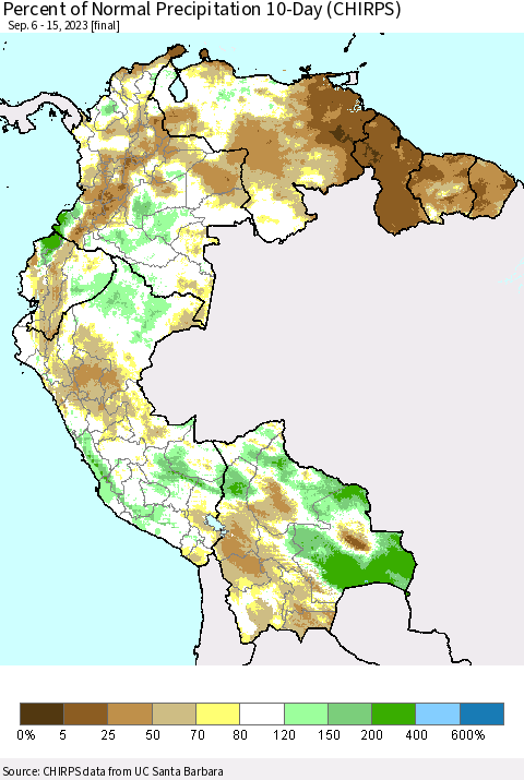 Northern South America Percent of Normal Precipitation 10-Day (CHIRPS) Thematic Map For 9/6/2023 - 9/15/2023