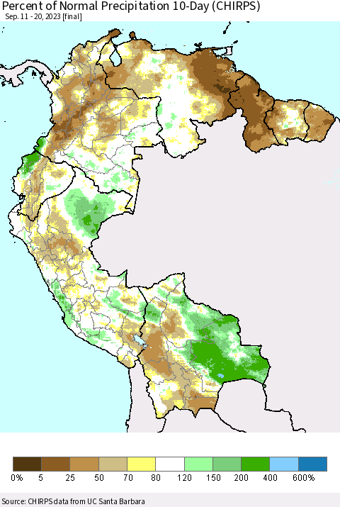 Northern South America Percent of Normal Precipitation 10-Day (CHIRPS) Thematic Map For 9/11/2023 - 9/20/2023