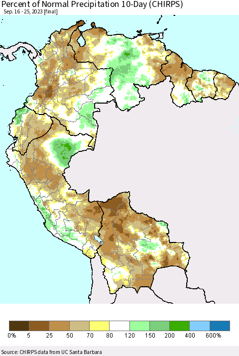 Northern South America Percent of Normal Precipitation 10-Day (CHIRPS) Thematic Map For 9/16/2023 - 9/25/2023