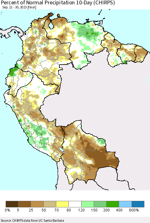 Northern South America Percent of Normal Precipitation 10-Day (CHIRPS) Thematic Map For 9/21/2023 - 9/30/2023