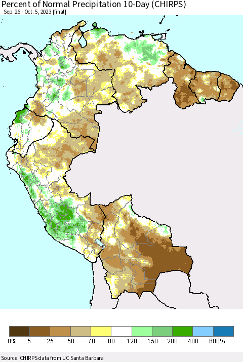 Northern South America Percent of Normal Precipitation 10-Day (CHIRPS) Thematic Map For 9/26/2023 - 10/5/2023
