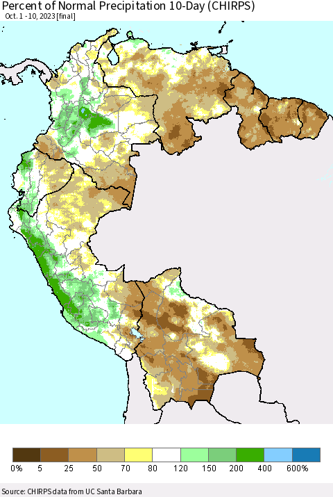 Northern South America Percent of Normal Precipitation 10-Day (CHIRPS) Thematic Map For 10/1/2023 - 10/10/2023