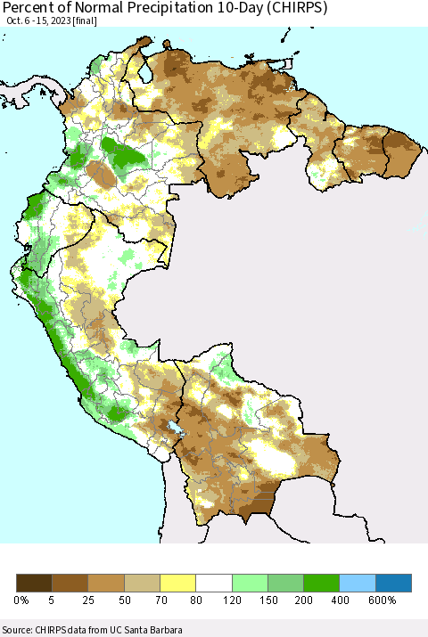 Northern South America Percent of Normal Precipitation 10-Day (CHIRPS) Thematic Map For 10/6/2023 - 10/15/2023