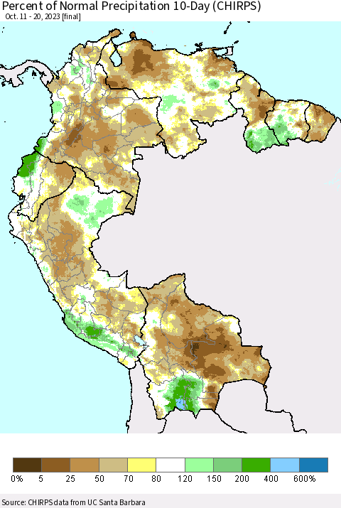 Northern South America Percent of Normal Precipitation 10-Day (CHIRPS) Thematic Map For 10/11/2023 - 10/20/2023