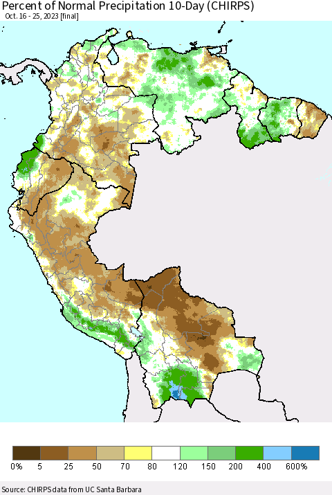 Northern South America Percent of Normal Precipitation 10-Day (CHIRPS) Thematic Map For 10/16/2023 - 10/25/2023