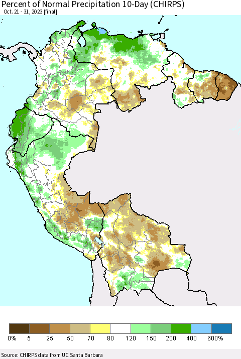 Northern South America Percent of Normal Precipitation 10-Day (CHIRPS) Thematic Map For 10/21/2023 - 10/31/2023