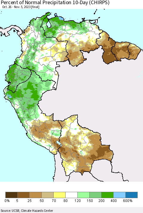 Northern South America Percent of Normal Precipitation 10-Day (CHIRPS) Thematic Map For 10/26/2023 - 11/5/2023