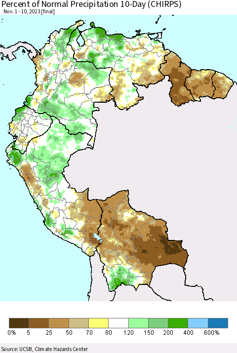 Northern South America Percent of Normal Precipitation 10-Day (CHIRPS) Thematic Map For 11/1/2023 - 11/10/2023