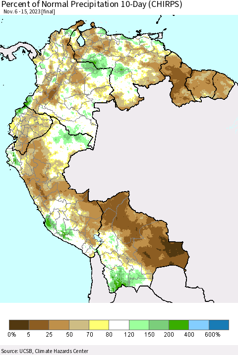 Northern South America Percent of Normal Precipitation 10-Day (CHIRPS) Thematic Map For 11/6/2023 - 11/15/2023