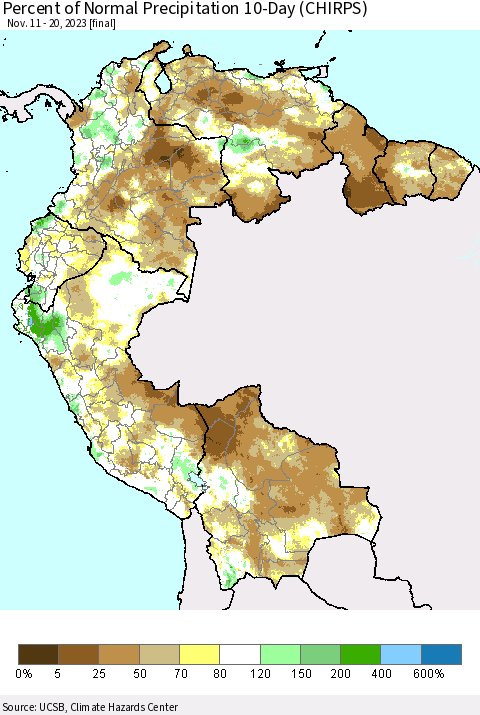 Northern South America Percent of Normal Precipitation 10-Day (CHIRPS) Thematic Map For 11/11/2023 - 11/20/2023