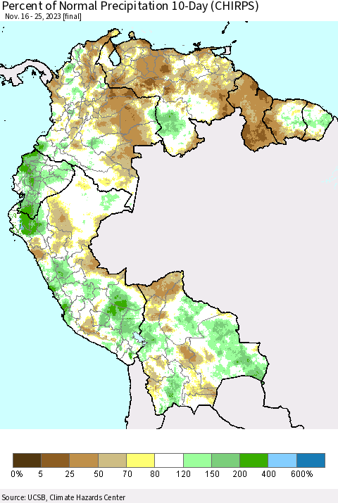Northern South America Percent of Normal Precipitation 10-Day (CHIRPS) Thematic Map For 11/16/2023 - 11/25/2023