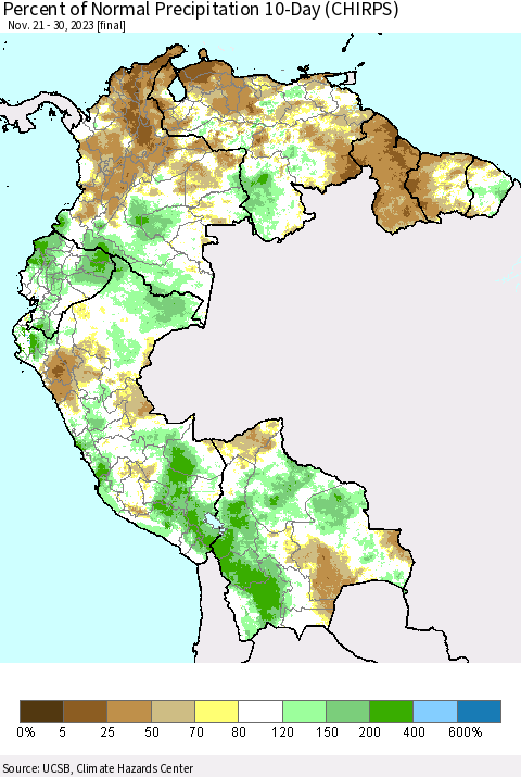 Northern South America Percent of Normal Precipitation 10-Day (CHIRPS) Thematic Map For 11/21/2023 - 11/30/2023