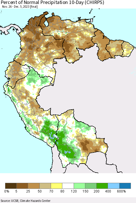 Northern South America Percent of Normal Precipitation 10-Day (CHIRPS) Thematic Map For 11/26/2023 - 12/5/2023