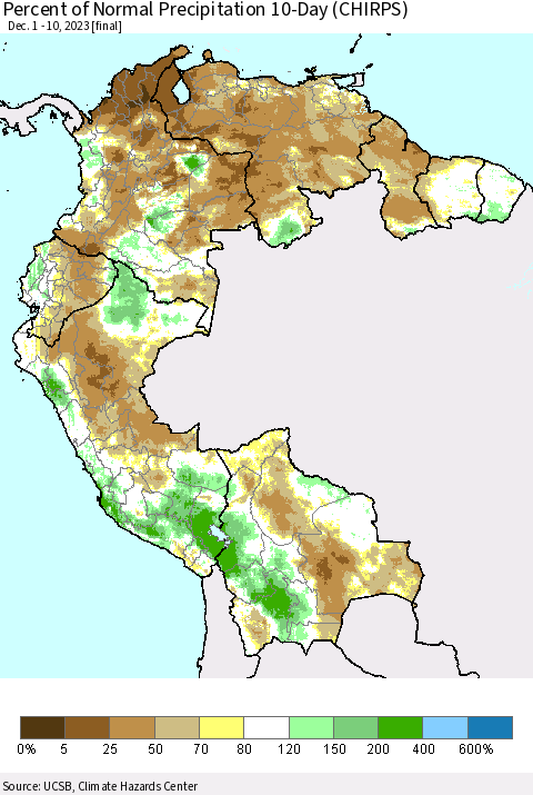 Northern South America Percent of Normal Precipitation 10-Day (CHIRPS) Thematic Map For 12/1/2023 - 12/10/2023