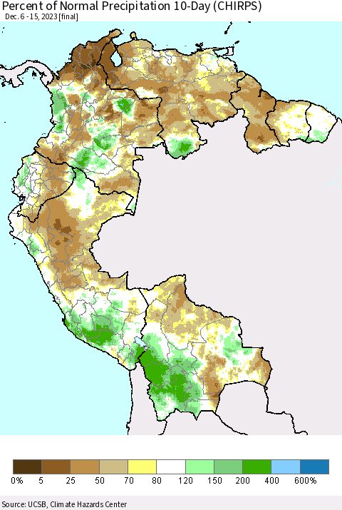 Northern South America Percent of Normal Precipitation 10-Day (CHIRPS) Thematic Map For 12/6/2023 - 12/15/2023