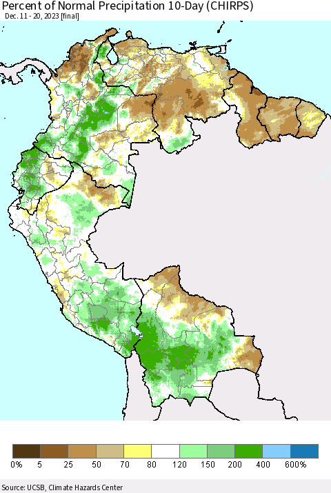 Northern South America Percent of Normal Precipitation 10-Day (CHIRPS) Thematic Map For 12/11/2023 - 12/20/2023