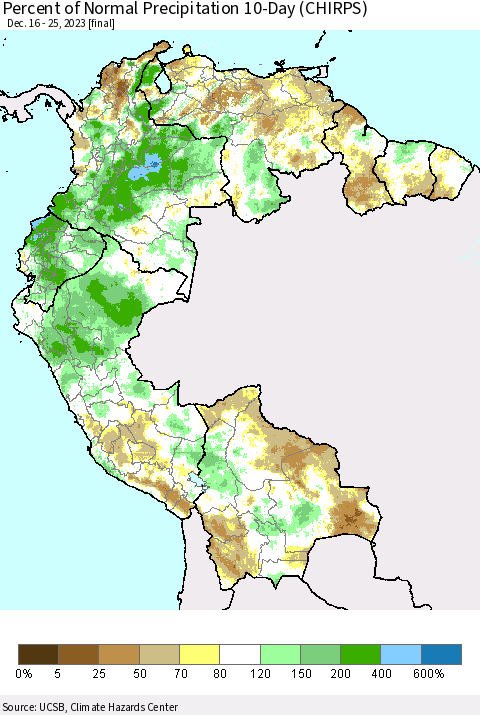 Northern South America Percent of Normal Precipitation 10-Day (CHIRPS) Thematic Map For 12/16/2023 - 12/25/2023