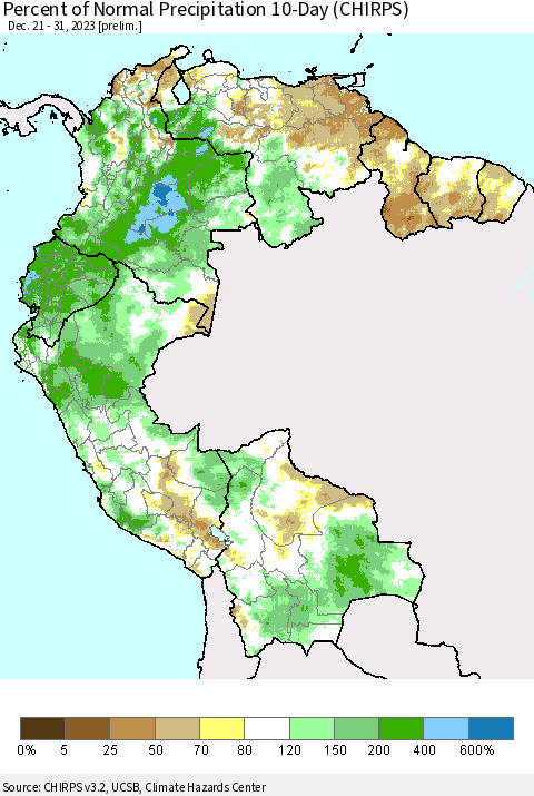 Northern South America Percent of Normal Precipitation 10-Day (CHIRPS) Thematic Map For 12/21/2023 - 12/31/2023