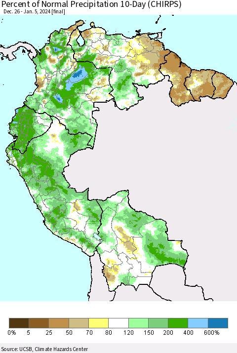 Northern South America Percent of Normal Precipitation 10-Day (CHIRPS) Thematic Map For 12/26/2023 - 1/5/2024