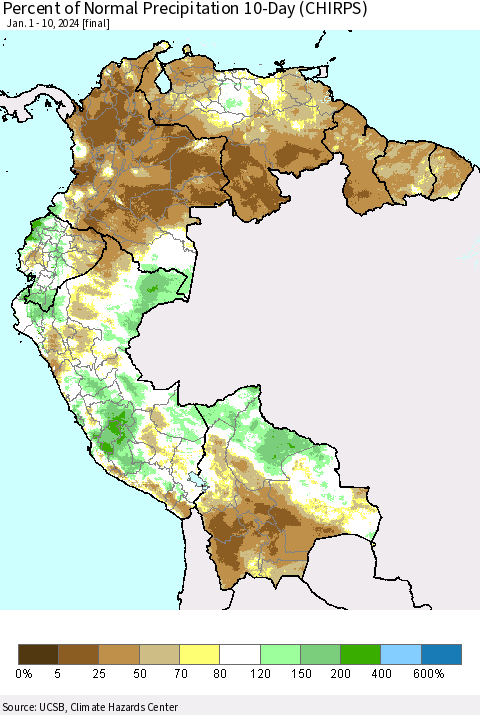 Northern South America Percent of Normal Precipitation 10-Day (CHIRPS) Thematic Map For 1/1/2024 - 1/10/2024