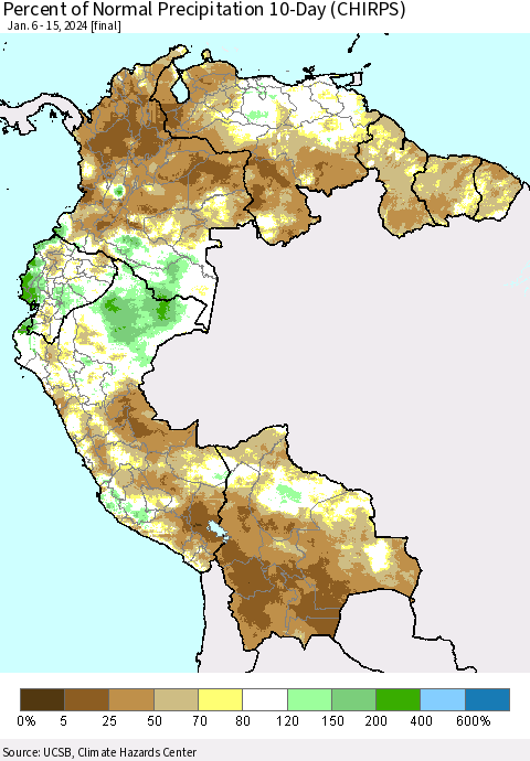 Northern South America Percent of Normal Precipitation 10-Day (CHIRPS) Thematic Map For 1/6/2024 - 1/15/2024