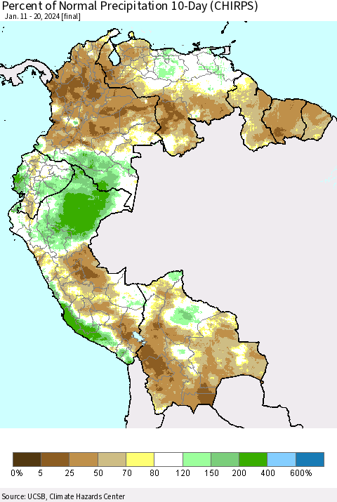 Northern South America Percent of Normal Precipitation 10-Day (CHIRPS) Thematic Map For 1/11/2024 - 1/20/2024
