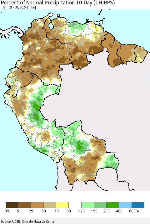 Northern South America Percent of Normal Precipitation 10-Day (CHIRPS) Thematic Map For 1/21/2024 - 1/31/2024