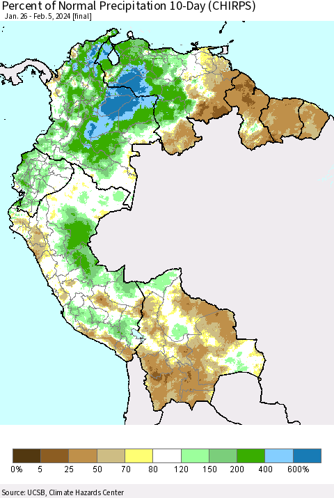 Northern South America Percent of Normal Precipitation 10-Day (CHIRPS) Thematic Map For 1/26/2024 - 2/5/2024