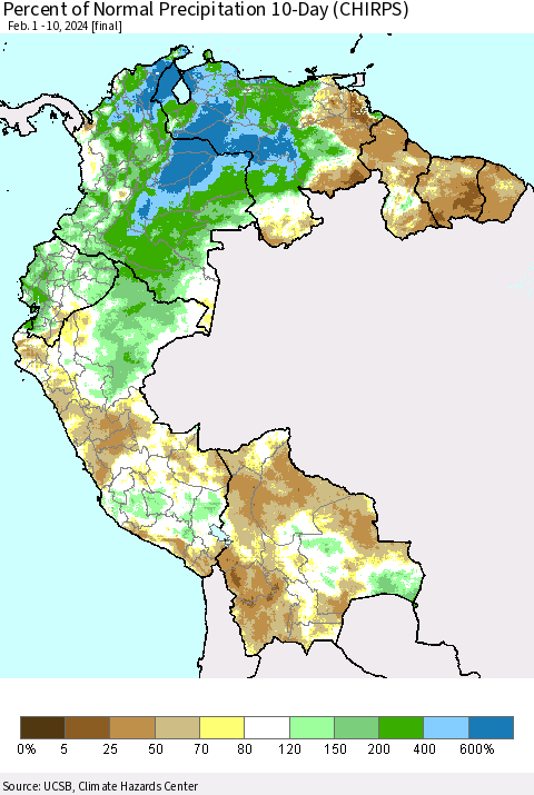 Northern South America Percent of Normal Precipitation 10-Day (CHIRPS) Thematic Map For 2/1/2024 - 2/10/2024