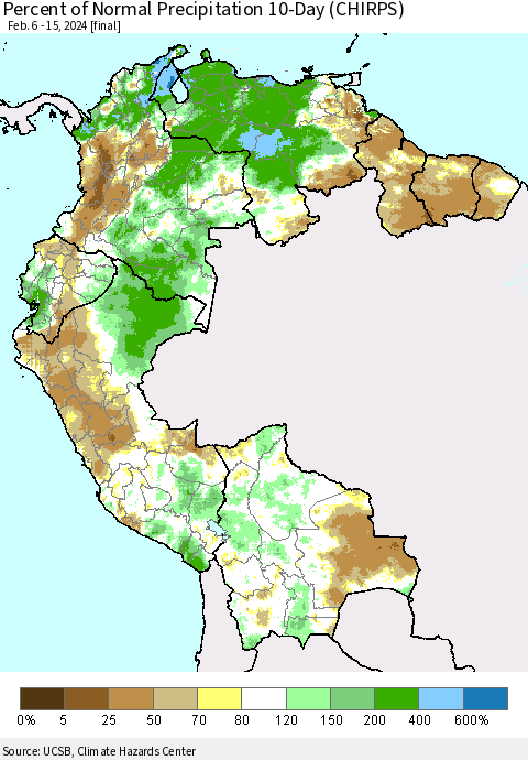 Northern South America Percent of Normal Precipitation 10-Day (CHIRPS) Thematic Map For 2/6/2024 - 2/15/2024