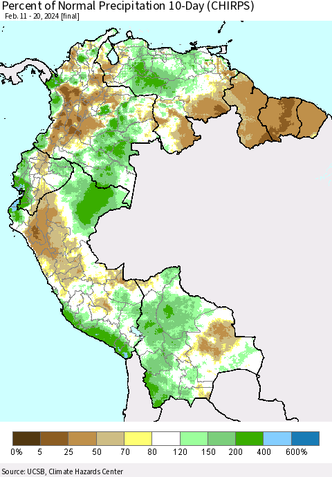 Northern South America Percent of Normal Precipitation 10-Day (CHIRPS) Thematic Map For 2/11/2024 - 2/20/2024