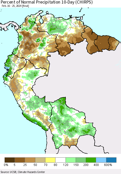 Northern South America Percent of Normal Precipitation 10-Day (CHIRPS) Thematic Map For 2/16/2024 - 2/25/2024