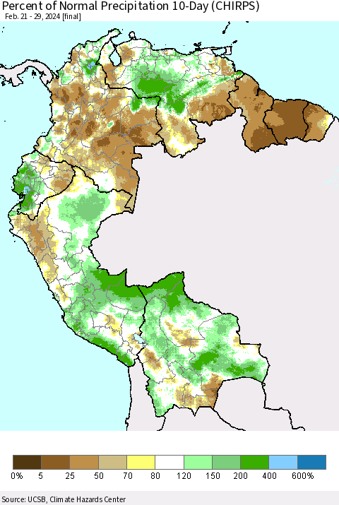 Northern South America Percent of Normal Precipitation 10-Day (CHIRPS) Thematic Map For 2/21/2024 - 2/29/2024