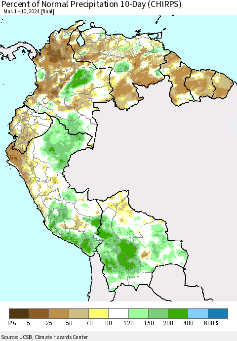 Northern South America Percent of Normal Precipitation 10-Day (CHIRPS) Thematic Map For 3/1/2024 - 3/10/2024