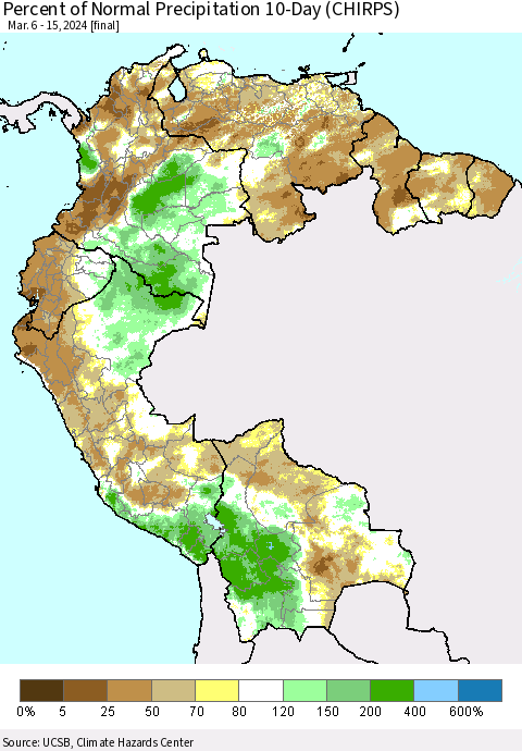 Northern South America Percent of Normal Precipitation 10-Day (CHIRPS) Thematic Map For 3/6/2024 - 3/15/2024