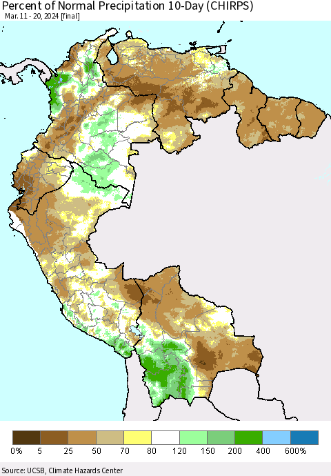 Northern South America Percent of Normal Precipitation 10-Day (CHIRPS) Thematic Map For 3/11/2024 - 3/20/2024