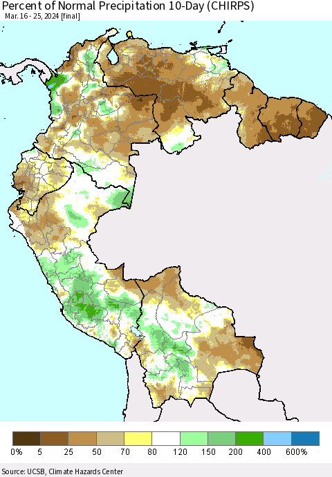 Northern South America Percent of Normal Precipitation 10-Day (CHIRPS) Thematic Map For 3/16/2024 - 3/25/2024