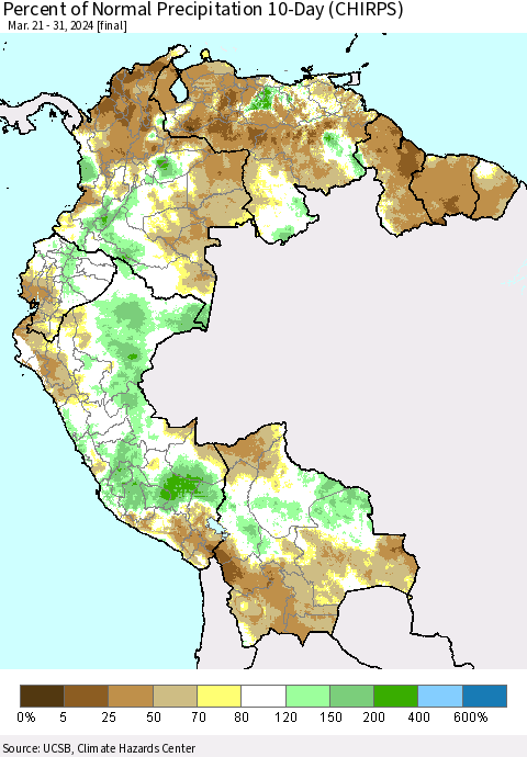 Northern South America Percent of Normal Precipitation 10-Day (CHIRPS) Thematic Map For 3/21/2024 - 3/31/2024