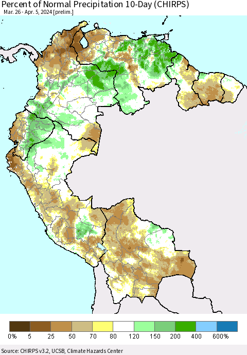 Northern South America Percent of Normal Precipitation 10-Day (CHIRPS) Thematic Map For 3/26/2024 - 4/5/2024