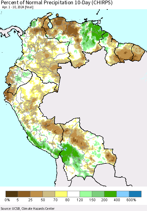 Northern South America Percent of Normal Precipitation 10-Day (CHIRPS) Thematic Map For 4/1/2024 - 4/10/2024