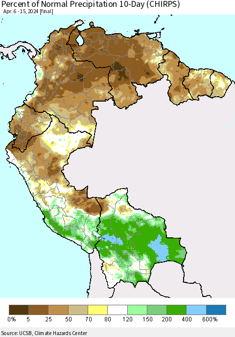 Northern South America Percent of Normal Precipitation 10-Day (CHIRPS) Thematic Map For 4/6/2024 - 4/15/2024