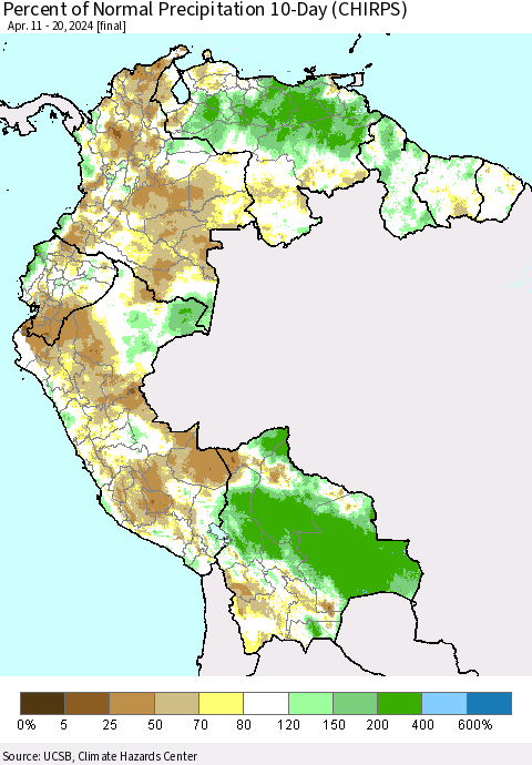 Northern South America Percent of Normal Precipitation 10-Day (CHIRPS) Thematic Map For 4/11/2024 - 4/20/2024