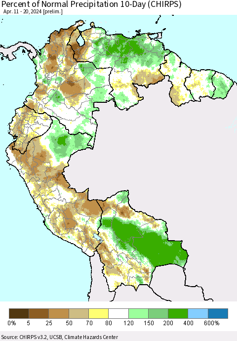 Northern South America Percent of Normal Precipitation 10-Day (CHIRPS) Thematic Map For 4/11/2024 - 4/20/2024