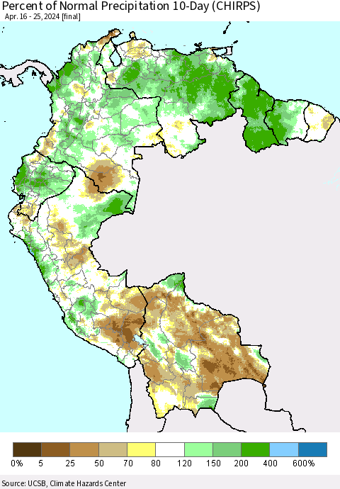 Northern South America Percent of Normal Precipitation 10-Day (CHIRPS) Thematic Map For 4/16/2024 - 4/25/2024