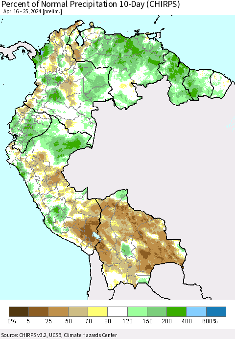 Northern South America Percent of Normal Precipitation 10-Day (CHIRPS) Thematic Map For 4/16/2024 - 4/25/2024
