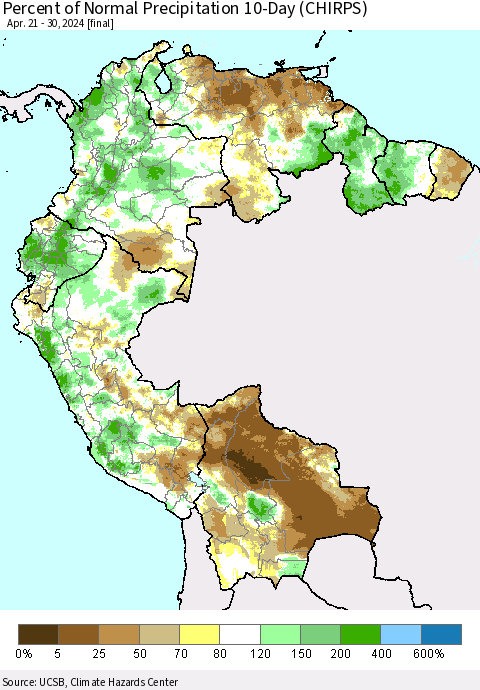 Northern South America Percent of Normal Precipitation 10-Day (CHIRPS) Thematic Map For 4/21/2024 - 4/30/2024