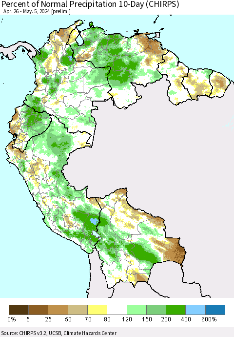Northern South America Percent of Normal Precipitation 10-Day (CHIRPS) Thematic Map For 4/26/2024 - 5/5/2024