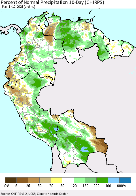 Northern South America Percent of Normal Precipitation 10-Day (CHIRPS) Thematic Map For 5/1/2024 - 5/10/2024