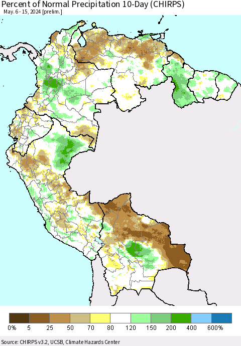 Northern South America Percent of Normal Precipitation 10-Day (CHIRPS) Thematic Map For 5/6/2024 - 5/15/2024