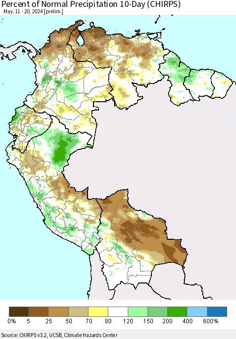 Northern South America Percent of Normal Precipitation 10-Day (CHIRPS) Thematic Map For 5/11/2024 - 5/20/2024